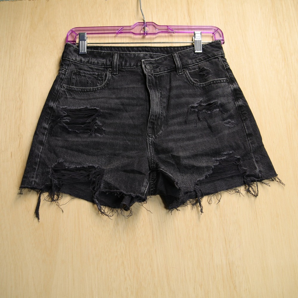 American Eagle Distressed Black Denim Shorts High Waisted Raw Hem Size 2